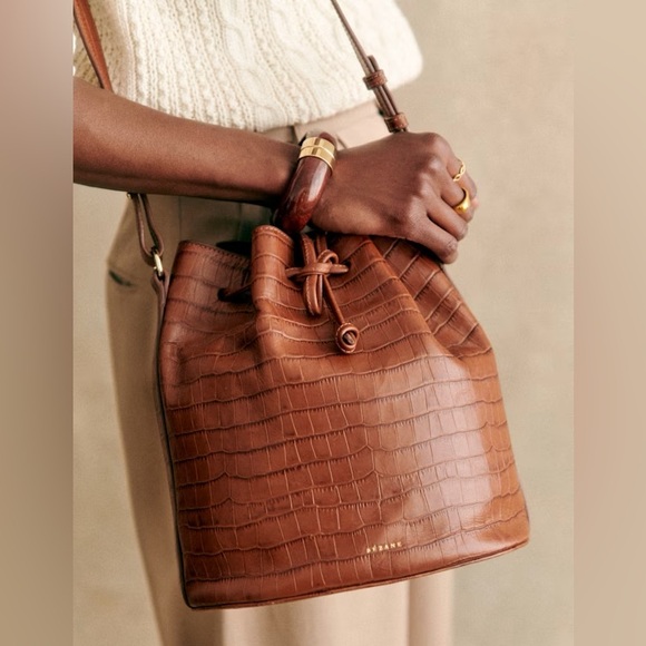 Sezane Brown Croc-Embossed Bucket Bag - Picture 2 of 11